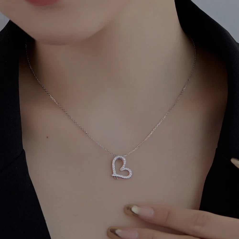 Silver Zircon Round Cut Inlaid Hollow Heart Pendant Necklace