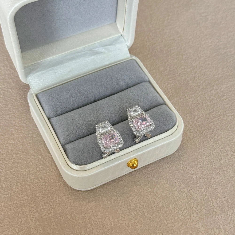 Silver Zircon Radiant Cut Halo Stacked Ear Studs