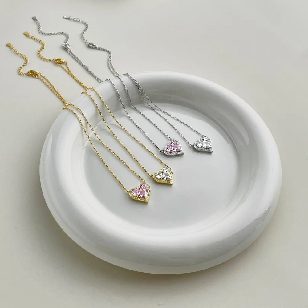 Silver Zircon Princess Cut Halo Heart Pendant Necklace