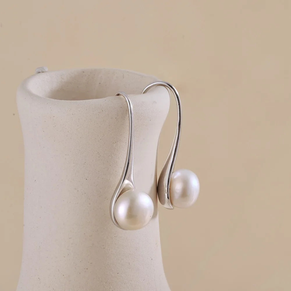 Silver Pearl Spoon Drop Earrings