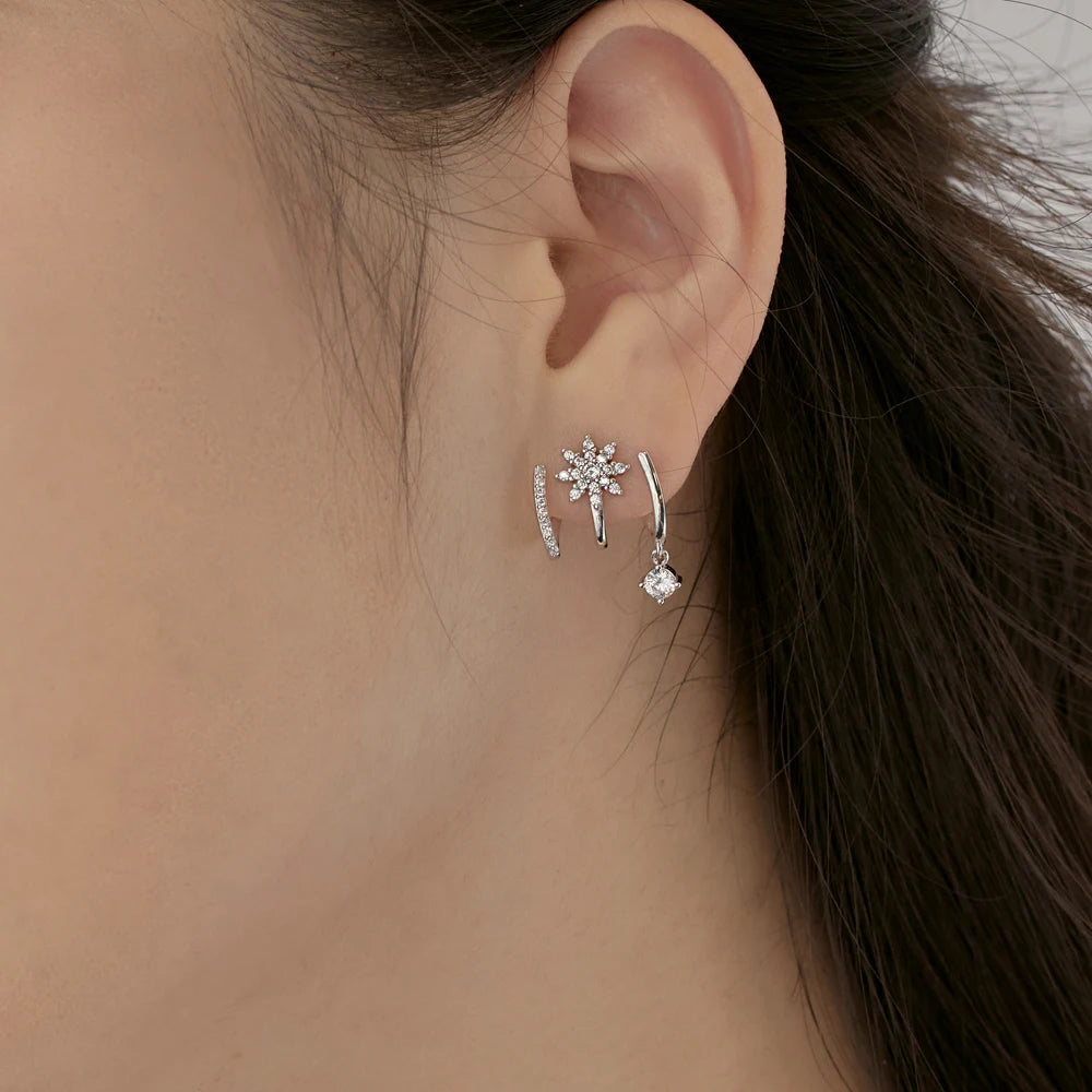 Silver Zircon Round Cut Twisted Flower Huggie Earrings