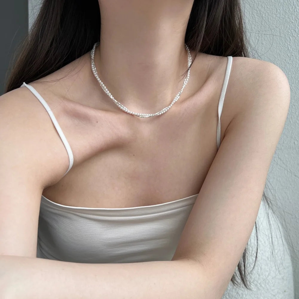 Silver Pearl Multi Layer Beaded Necklace