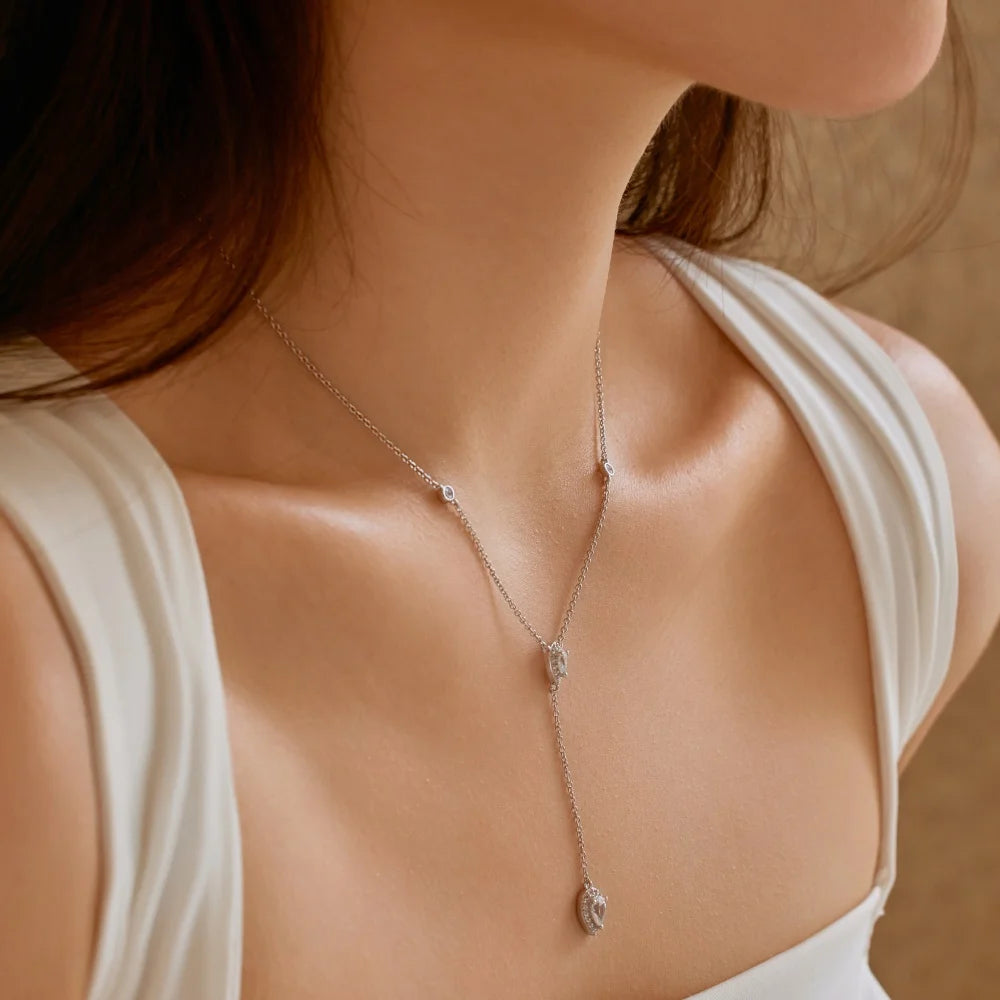 Silver Zircon Pear Cut Dangle Water Drop Pendant Necklace
