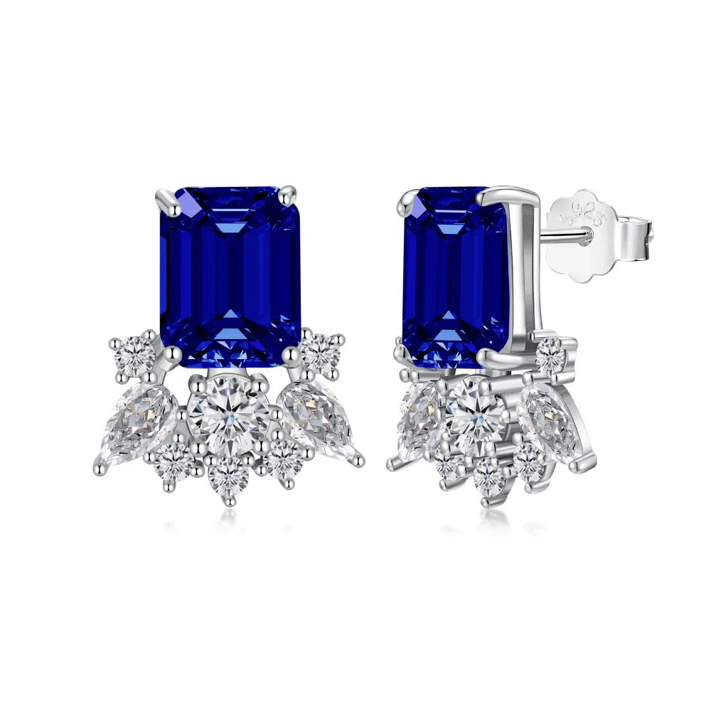 Silver Zircon Emerald Cut Eyelashes Ear Studs