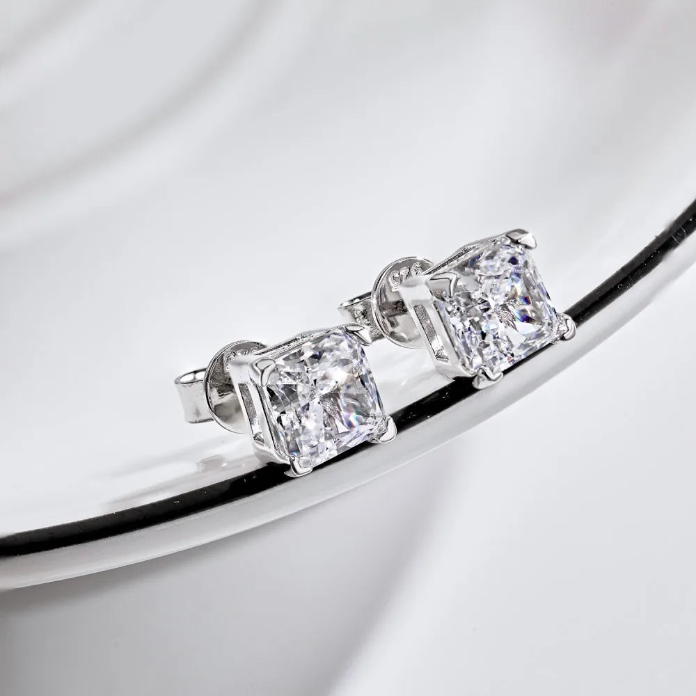 Silver Zircon Princess Cut Squared Ear Studs