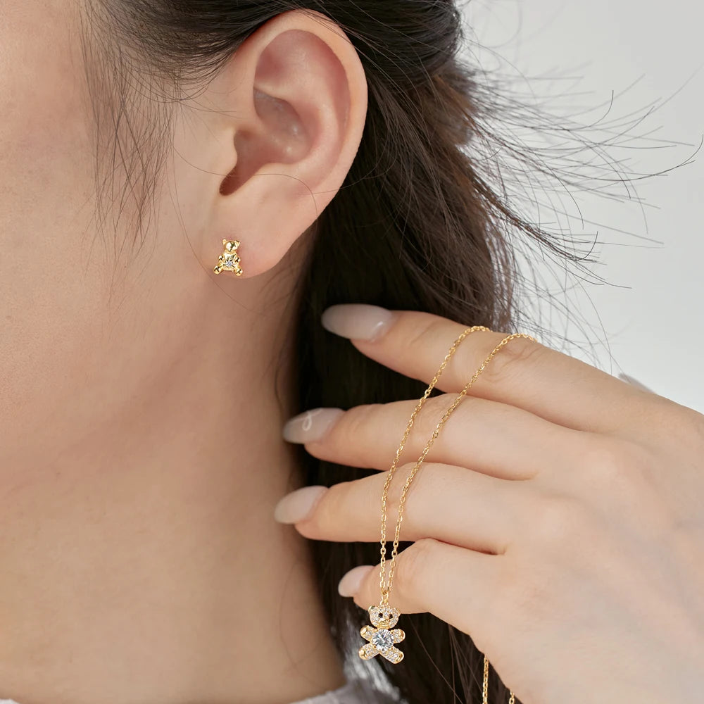 Silver Zircon Round Cut Bear Ear Studs