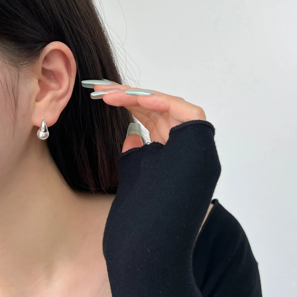 Silver Pearl Geometric Hook Drop Earrings