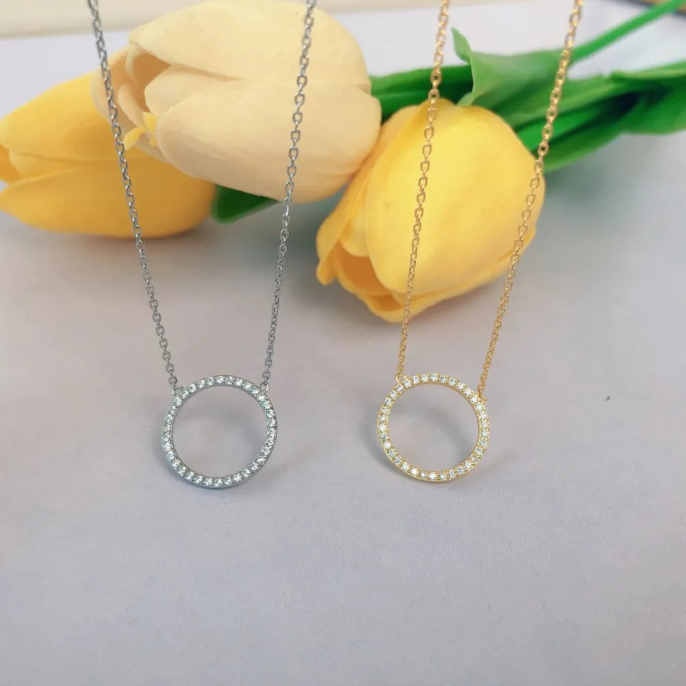 Silver Zircon Round Cut Circle Chain Necklace
