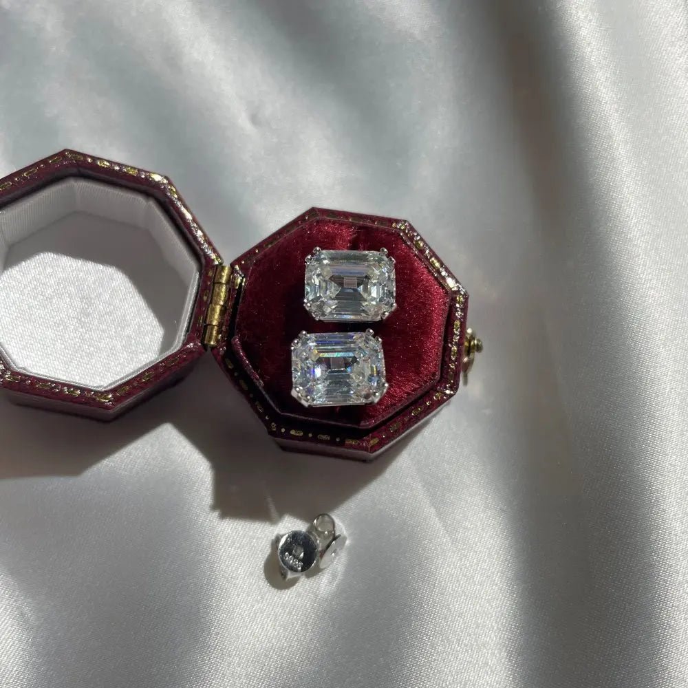 Silver Zircon Emerald Cut Curved Ear Studs