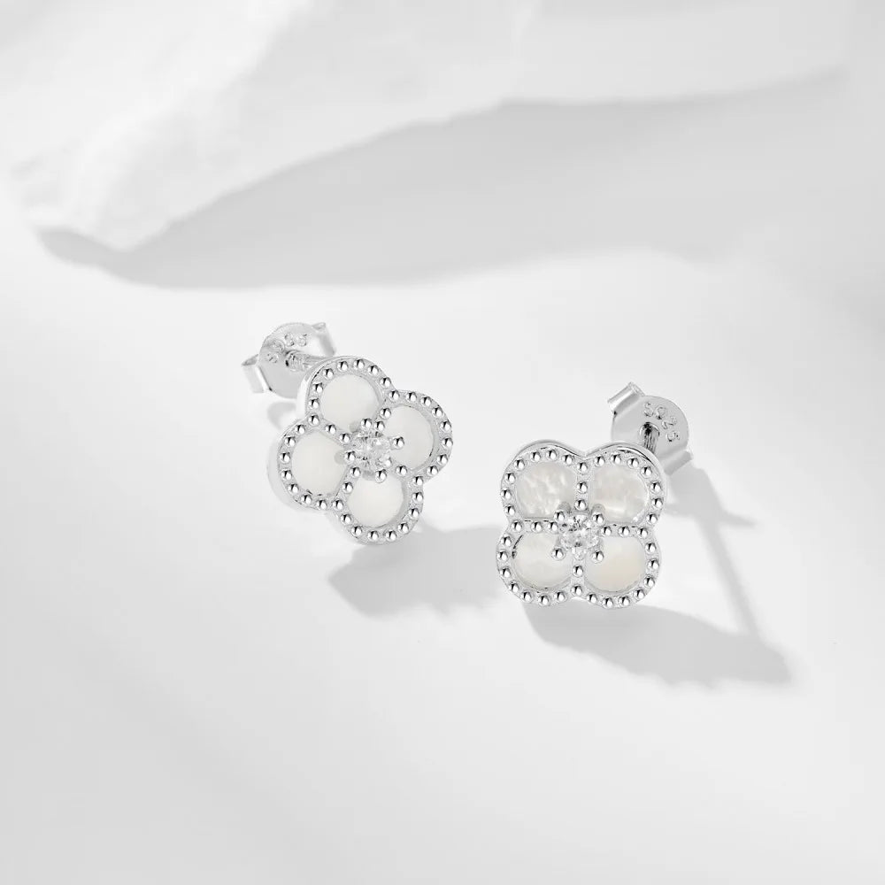 Silver Zircon Round Cut Clover Ear Studs