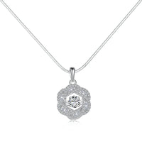 Silver Zircon Round Cut Halo Flower Pendant Necklace