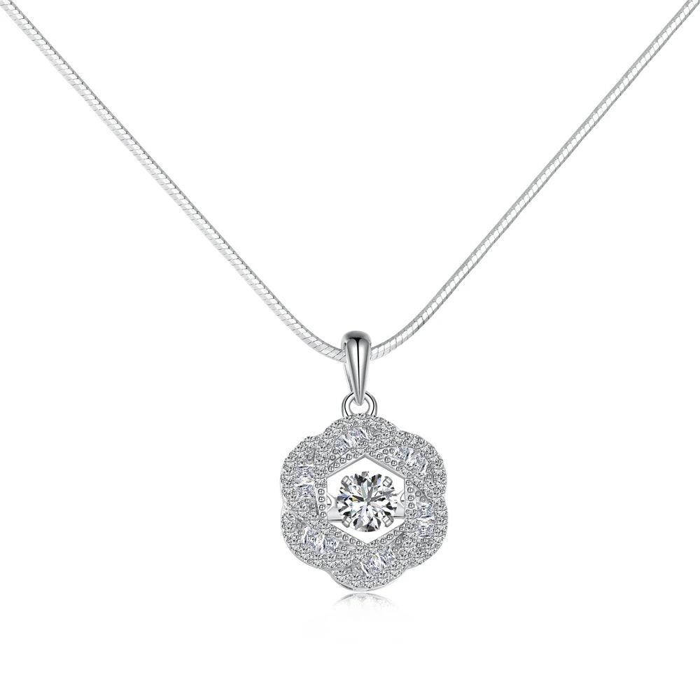 Silver Zircon Round Cut Halo Flower Pendant Necklace