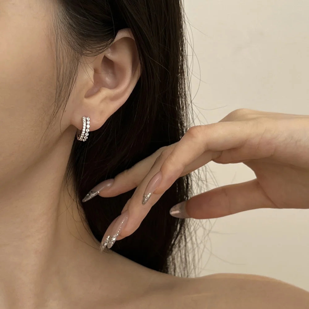 Silver Zircon Round Cut Duel Shape Ear Hoops