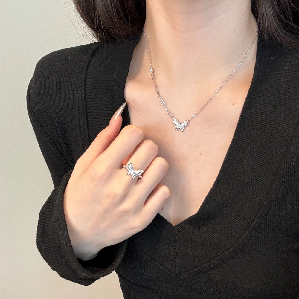 Silver Zircon Marquise Cut Single Butterfly Pendant Necklace