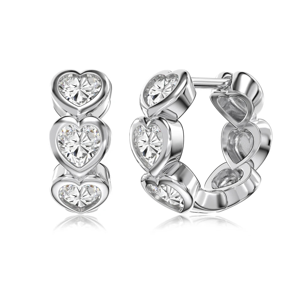 Silver Zircon Heart Cut Inlaid Layered Huggie Earrings