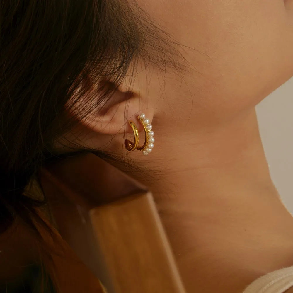 Silver Pearl Double Layer Ear Hoops