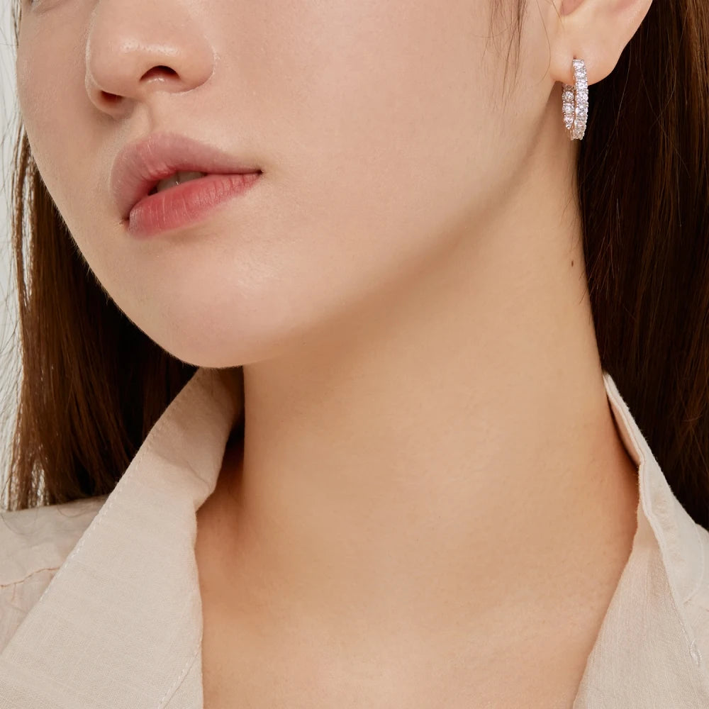 Silver Zircon Round Cut Inlaid Layered Ear Hoops