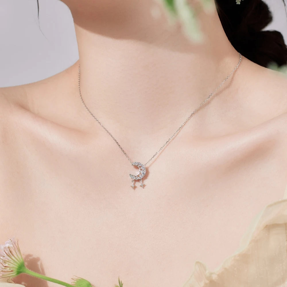 Silver Zircon Heart Cut Crescent Pendant Necklace