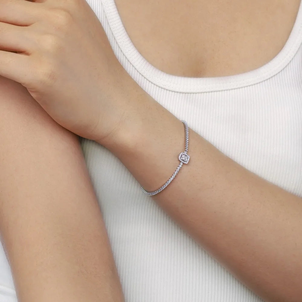 Silver Zircon Baguette Cut Halo Tennis Bracelet