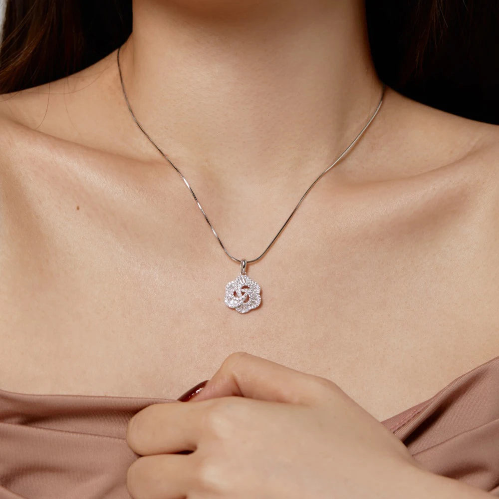 Silver Zircon Tapered Baguette Cut Iced Flower Pendant Necklace