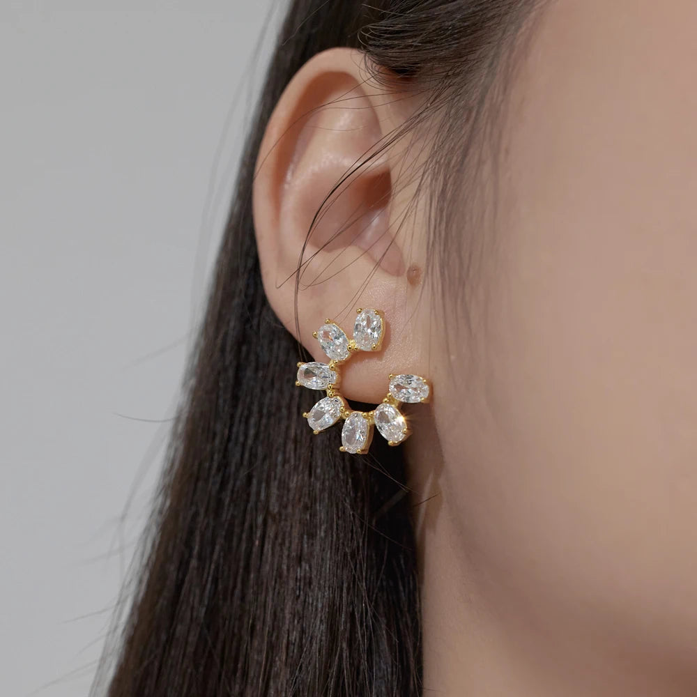 Silver Zircon Oval Cut Sunflower Ear Studs
