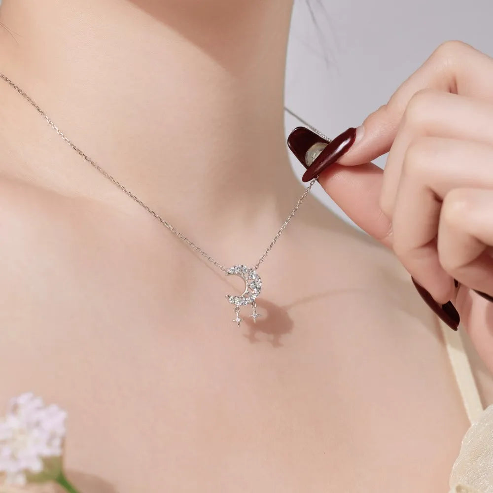 Silver Zircon Heart Cut Crescent Pendant Necklace