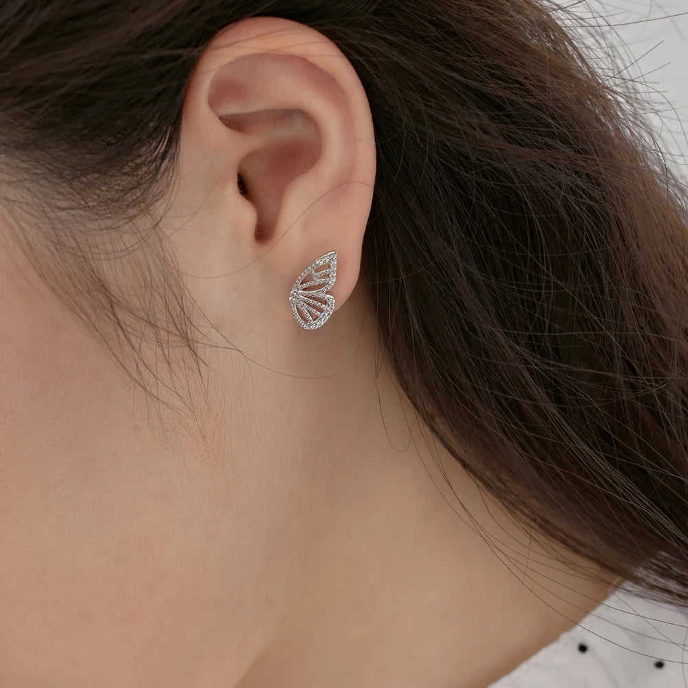 Silver Zircon Round Cut Butterfly Wings Ear Studs