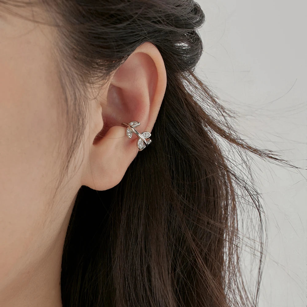 Silver Zircon Round Cut Leaf Ear Cuffs