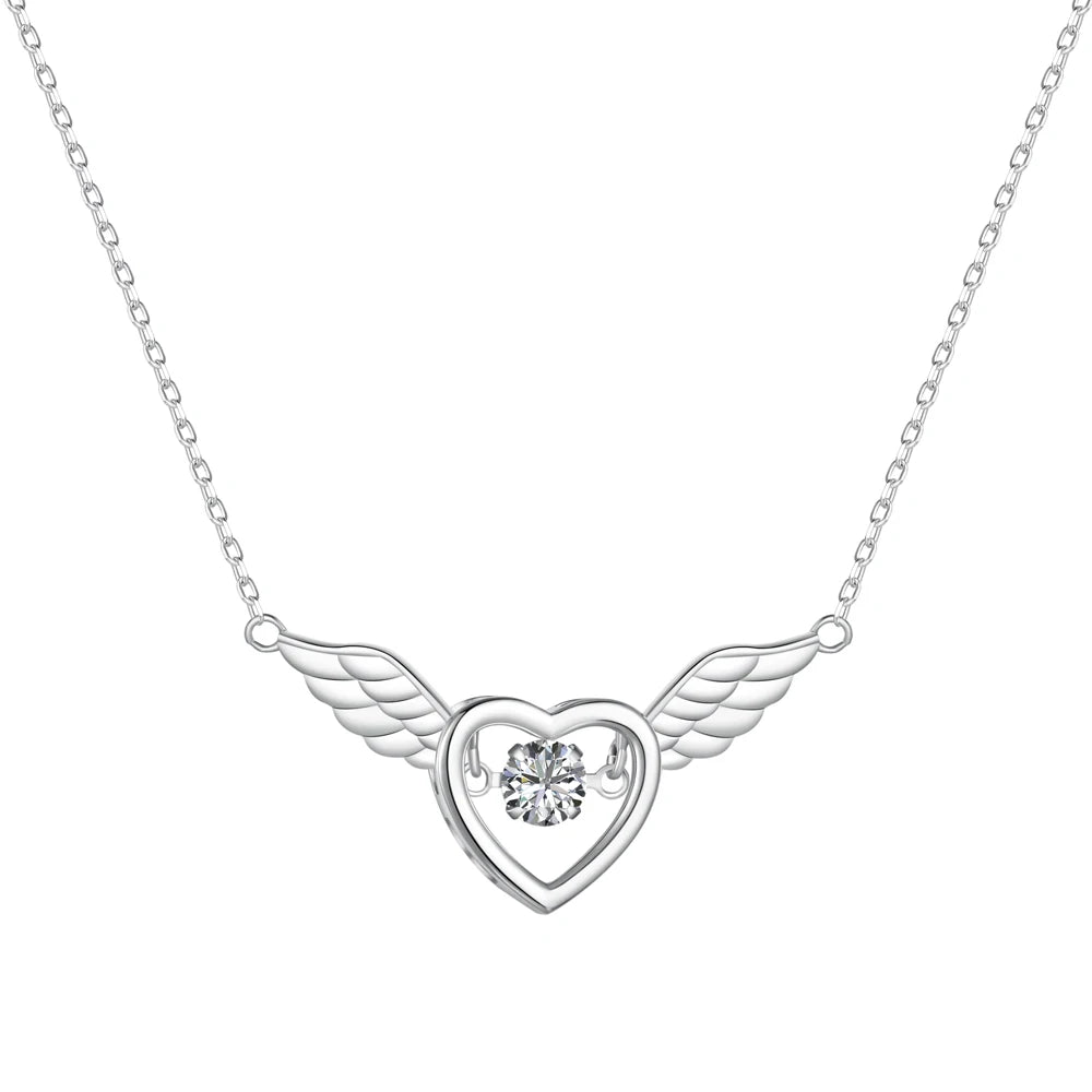 Silver Zircon Round Cut Heart Wings Bar Necklace