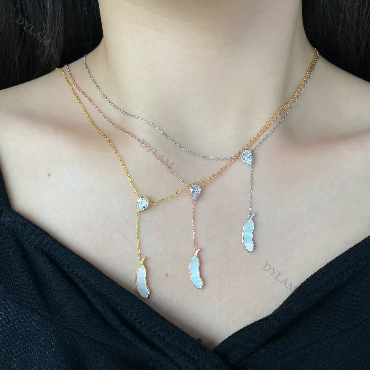 Silver Zircon Pear Cut Bean Pendant Necklace