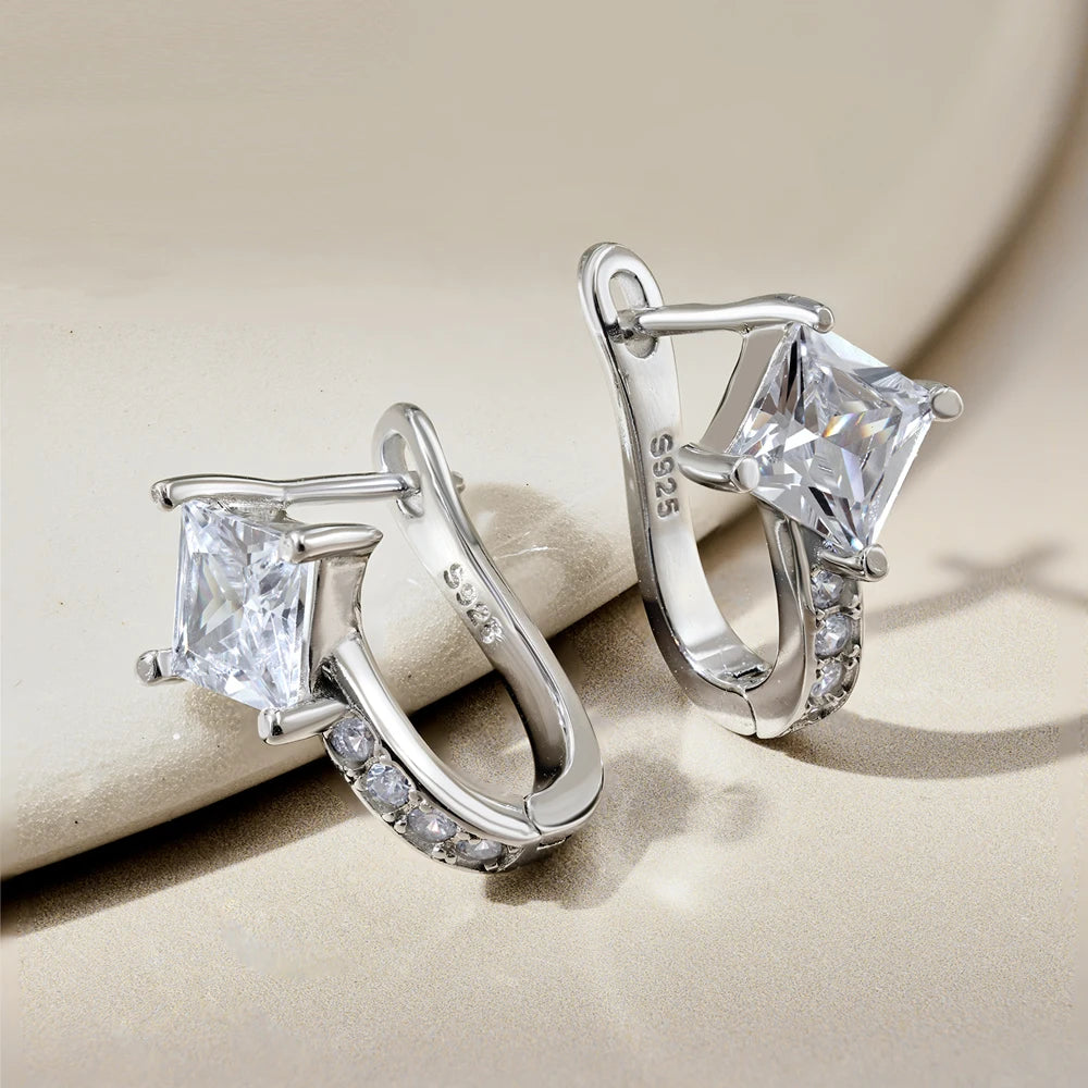 Silver Zircon Princess Cut Classic Huggie Earrings