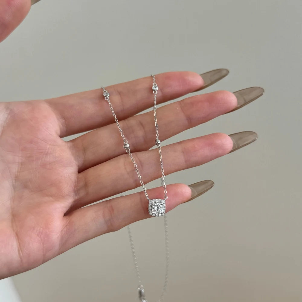 Silver Zircon Round Cut Pillow Pendant Necklace