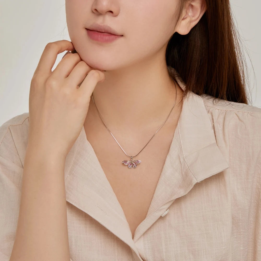 Silver Zircon Baguette Cut Butterfly Pendant Necklace