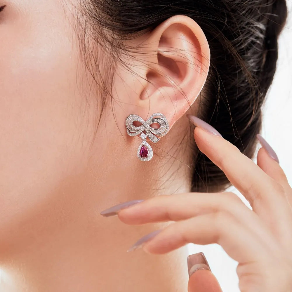 Silver Zircon Pear Cut Bow Knot Drop Earrings