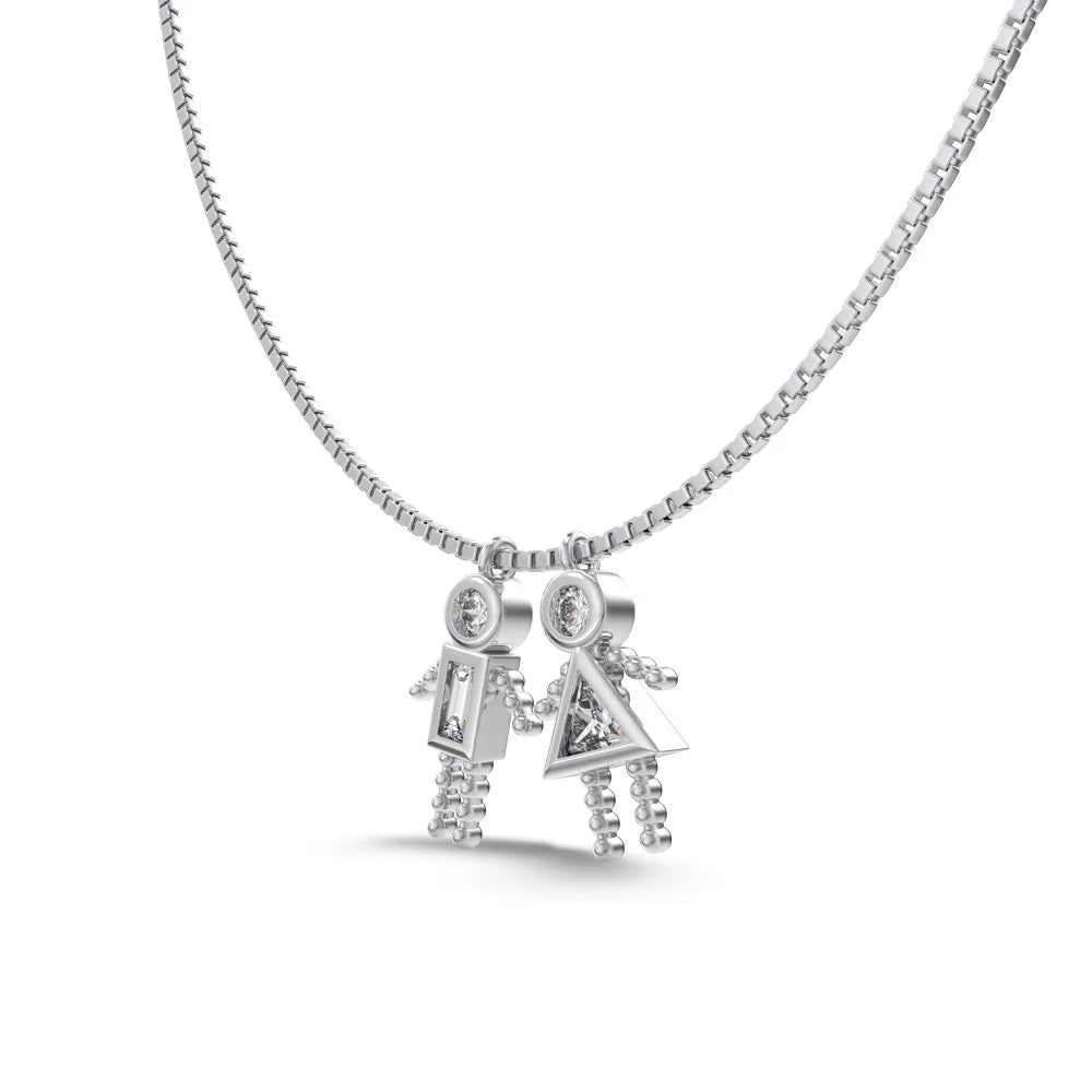 Silver Zircon Triangle Cut Girl & Boy Pendant Necklace