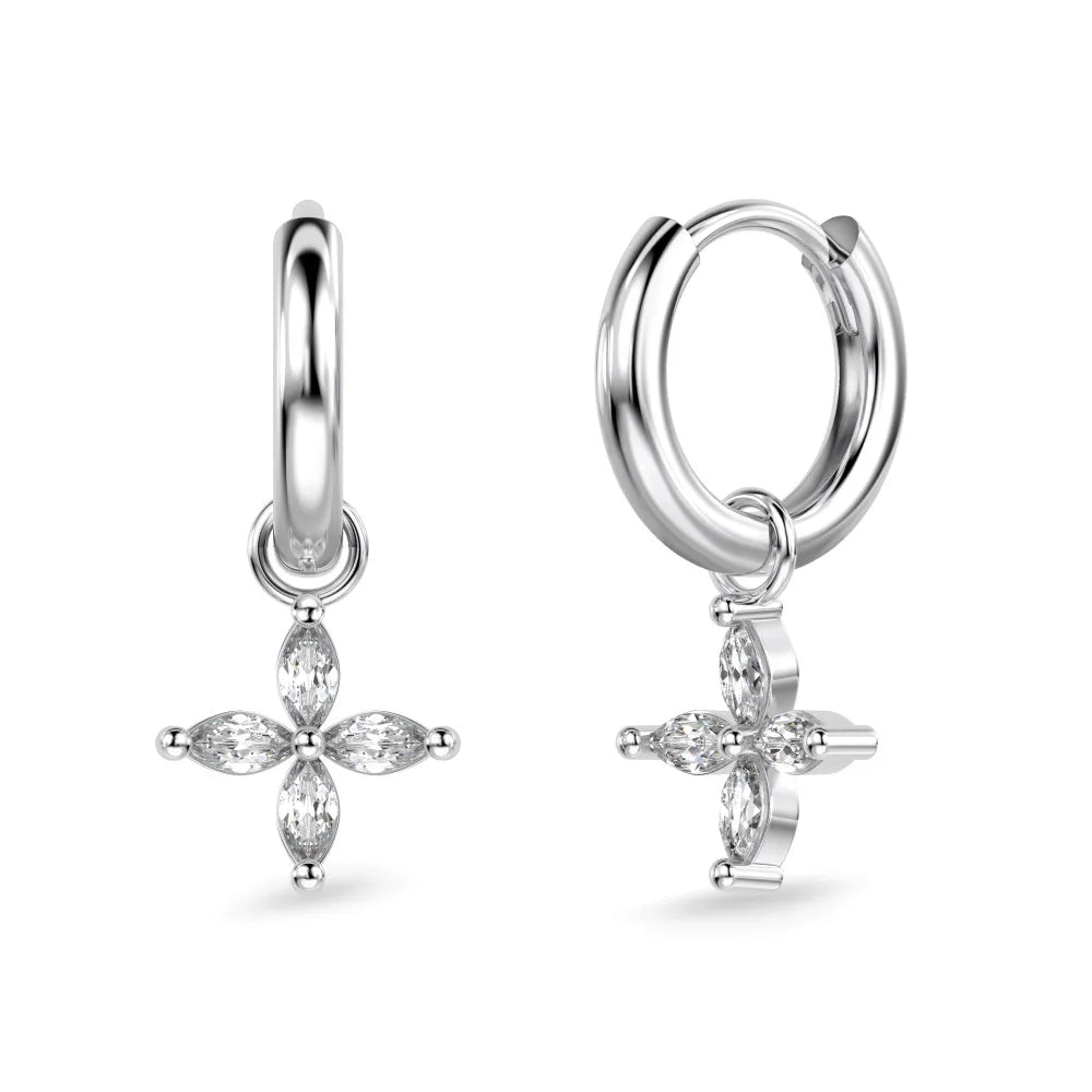 Silver Zircon Marquise Cut Flower Huggie Earrings