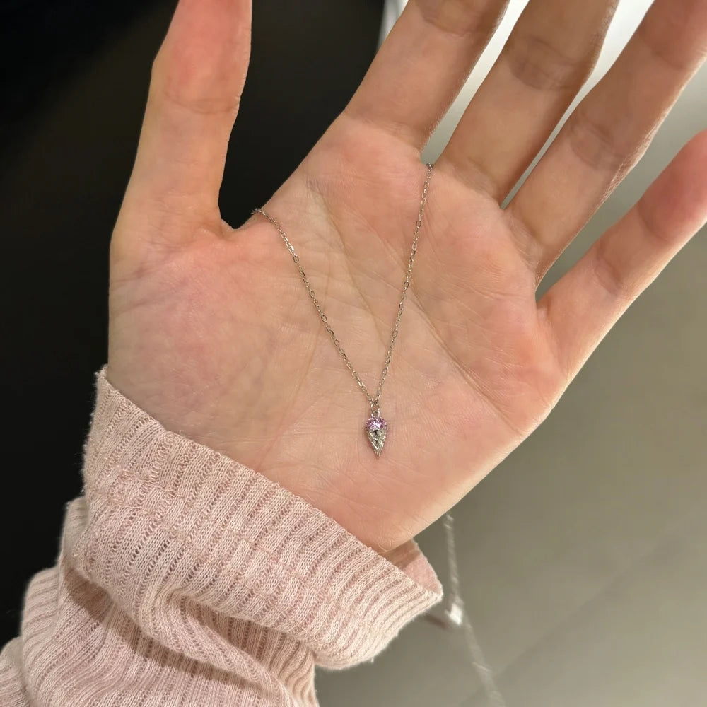 Silver Zircon Round Cut Ice Cream Pendant Necklace