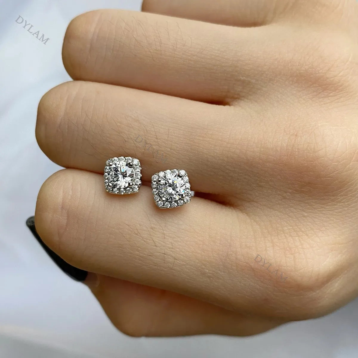 Silver Zircon Round Cut Cushion Ear Studs