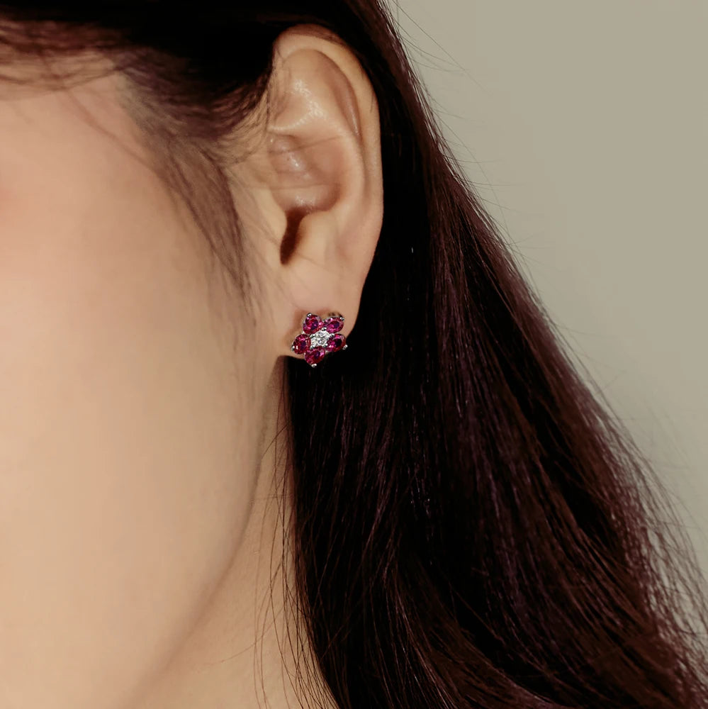 Silver Zircon Round Cut Iced Flower Ear Studs