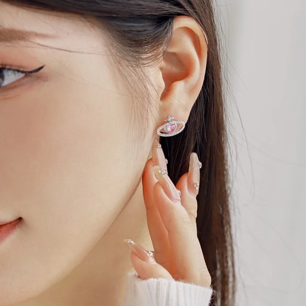 Silver Zircon Heart Cut Planet Ear Studs