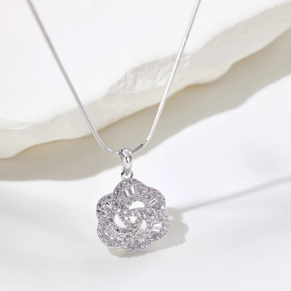 Silver Zircon Tapered Baguette Cut Iced Flower Pendant Necklace