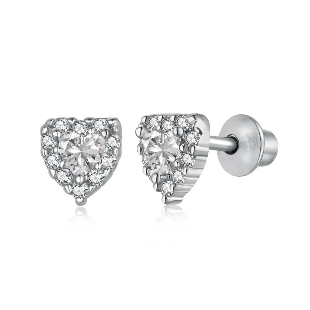 Silver Zircon Heart Cut Inlaid Halo Ear Studs