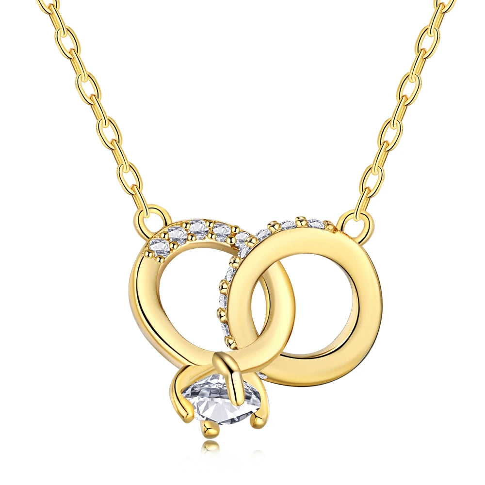 Silver Zircon Round Cut Interlocking Ring Pendant Necklace