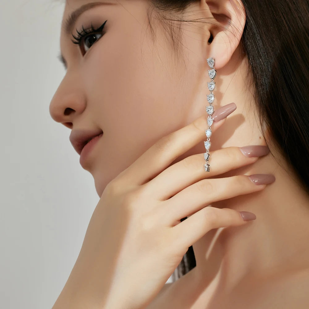 Silver Zircon Pear Cut Long Tear Tassel Drop Earrings