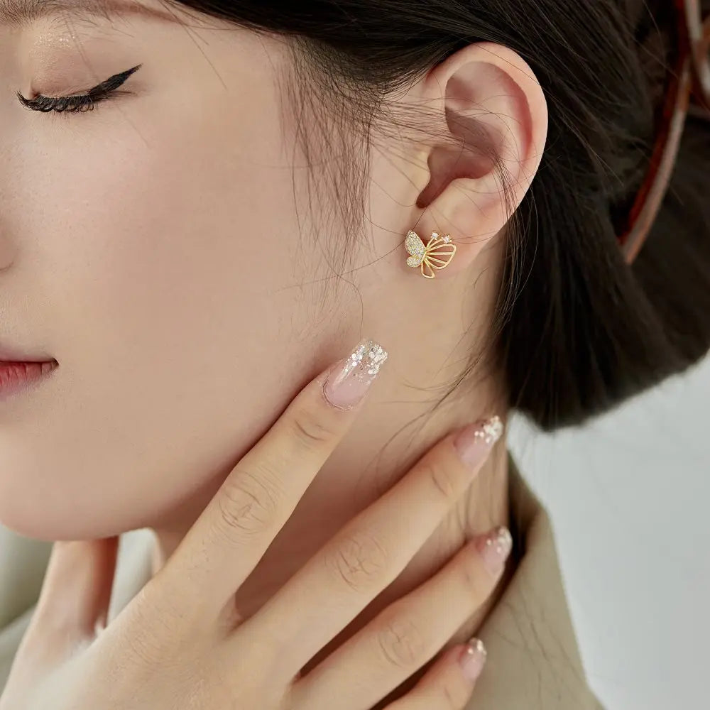 Silver Zircon Round Cut Hollow Inlaid Butterfly Ear Studs