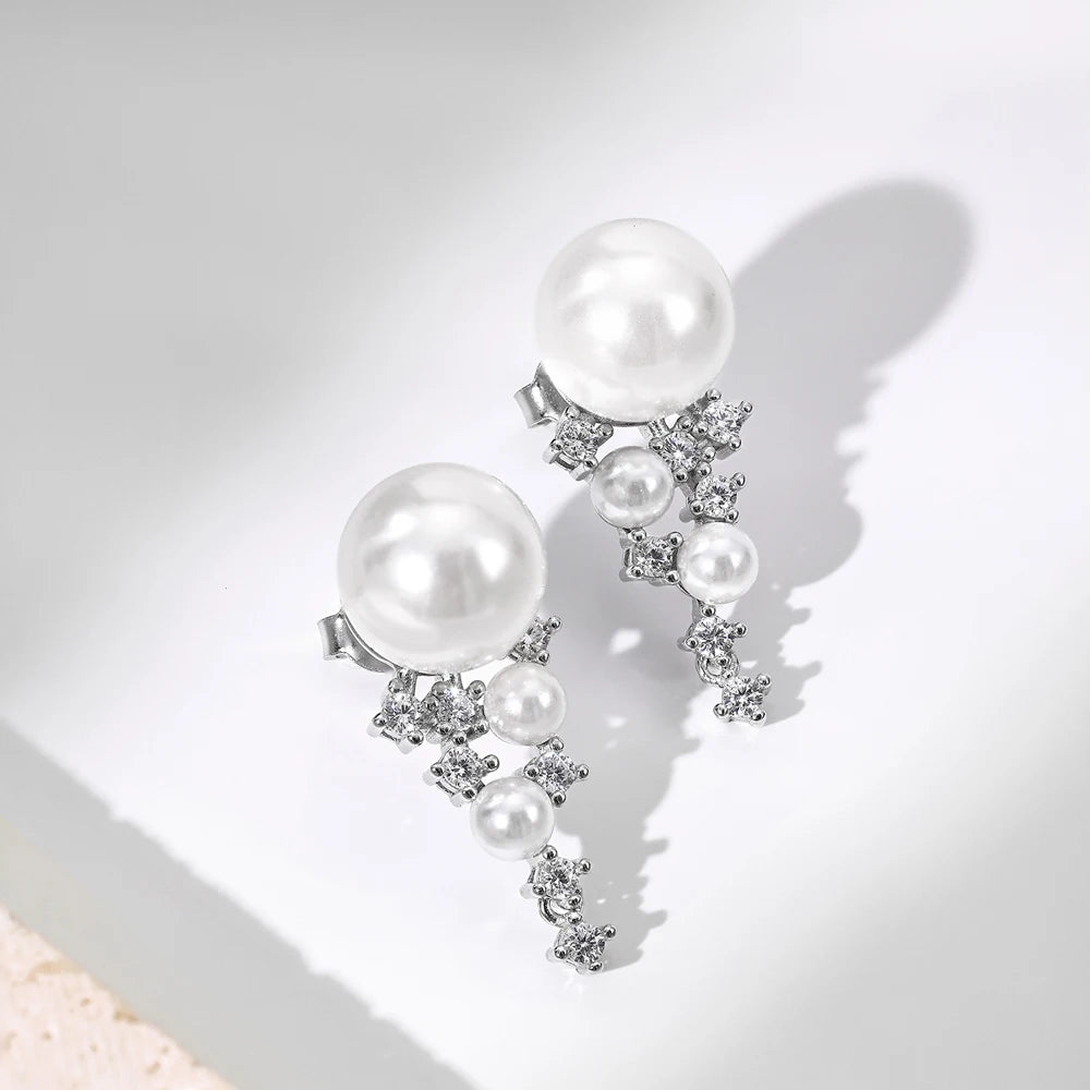 Silver Pearl Iced Dangle Drop Earrings