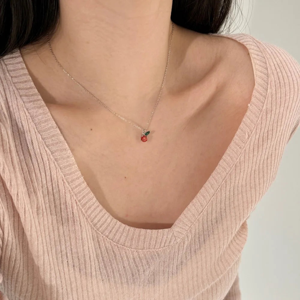 Silver Zircon Round Cut Apple Pendant Necklace