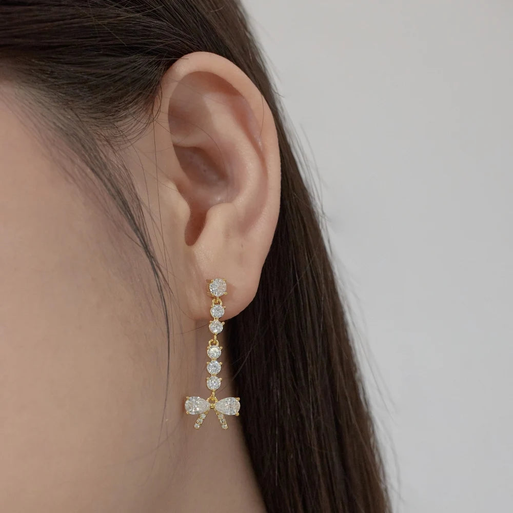 Silver Zircon Pear Cut Dangle Bow Drop Earrings