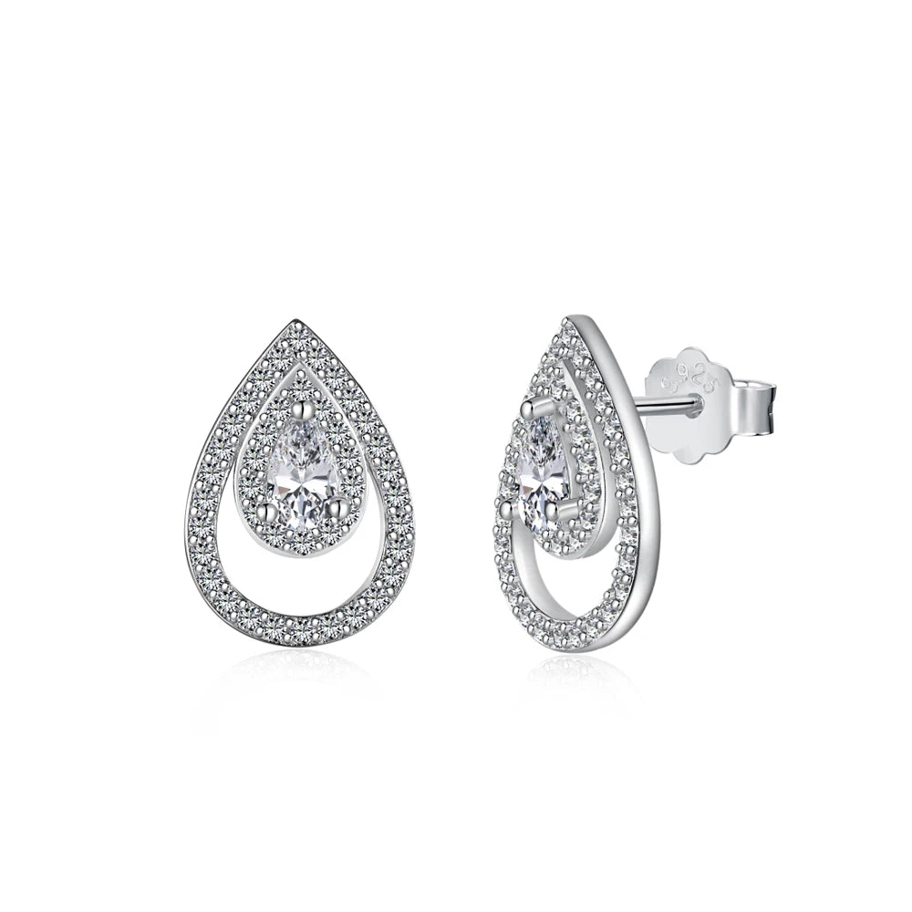 Silver Zircon Pear Cut Halo Tear Ear Studs