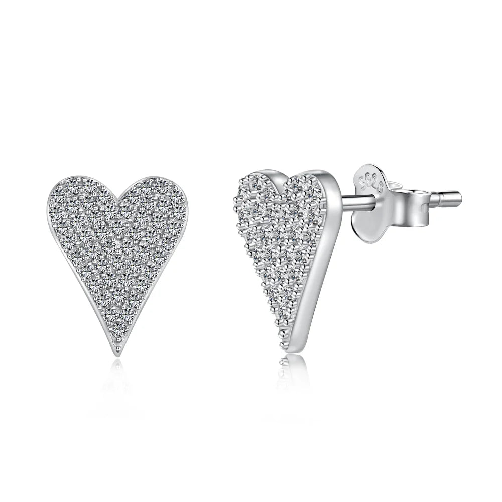 Silver Zircon Round Cut Iced Heart Ear Studs